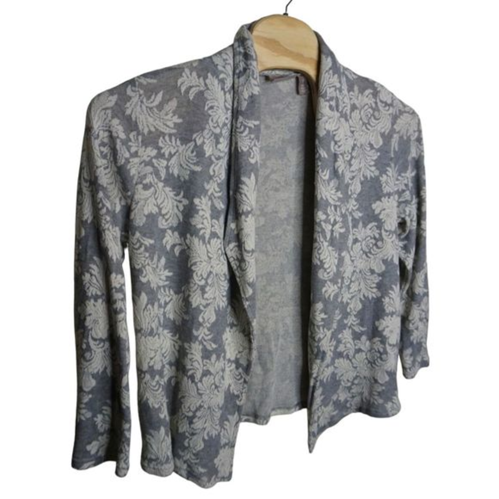 Chico's Women's Gray Damask Jacquard Sz 1‎ Floral Open Applique Cardigan Sweater